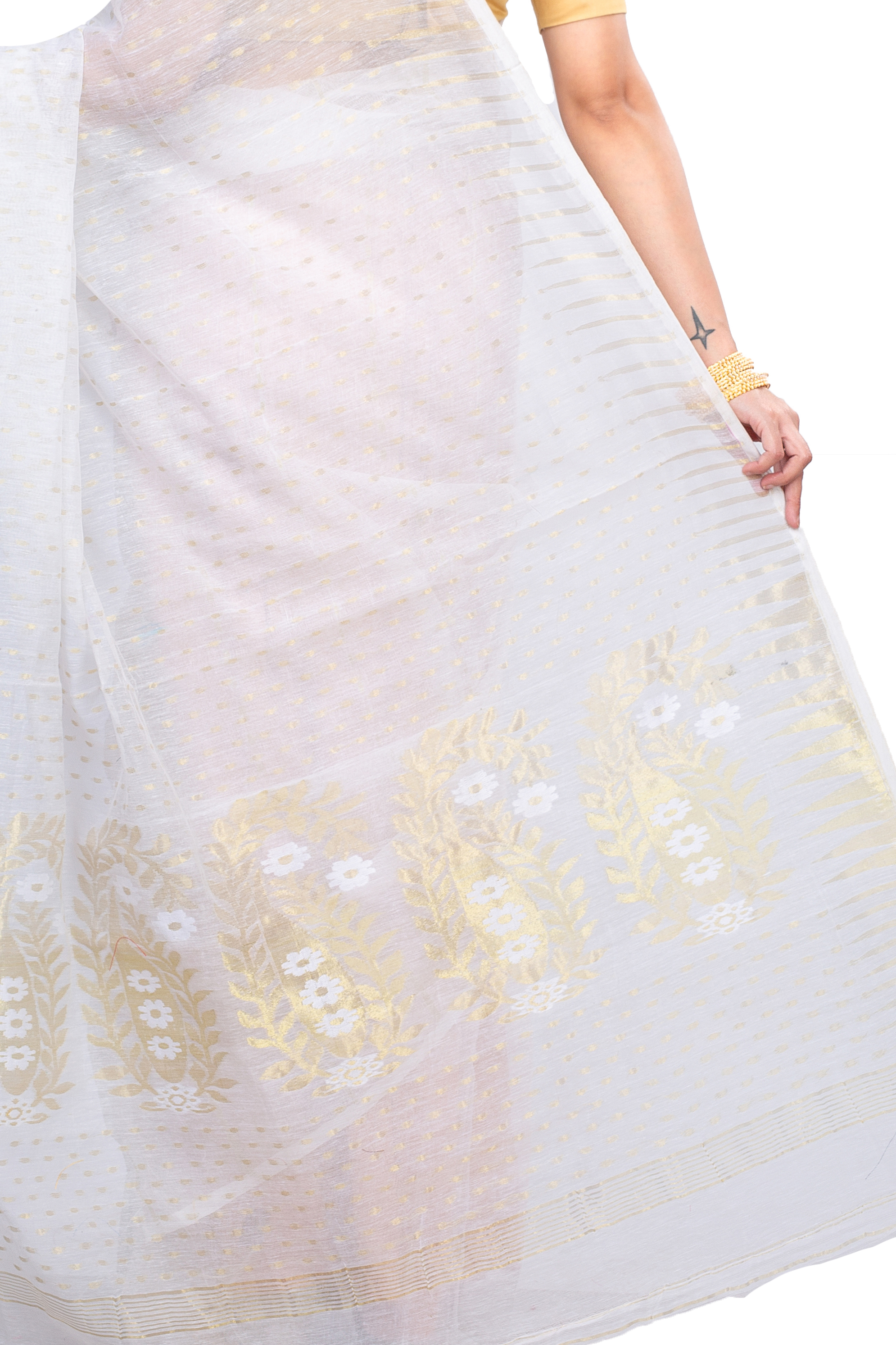 White Blended Cotton New HALF  JAMDINE Jamdani Saree (4108)